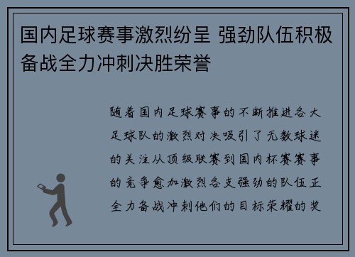 国内足球赛事激烈纷呈 强劲队伍积极备战全力冲刺决胜荣誉