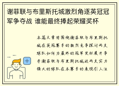 谢菲联与布里斯托城激烈角逐英冠冠军争夺战 谁能最终捧起荣耀奖杯