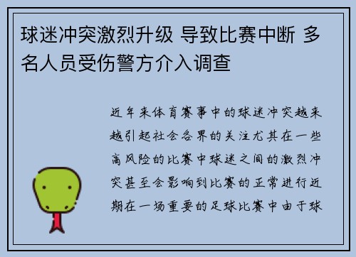 球迷冲突激烈升级 导致比赛中断 多名人员受伤警方介入调查