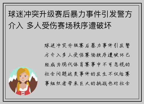 球迷冲突升级赛后暴力事件引发警方介入 多人受伤赛场秩序遭破坏