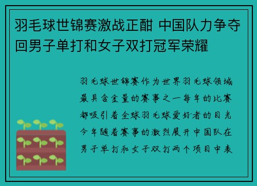 羽毛球世锦赛激战正酣 中国队力争夺回男子单打和女子双打冠军荣耀
